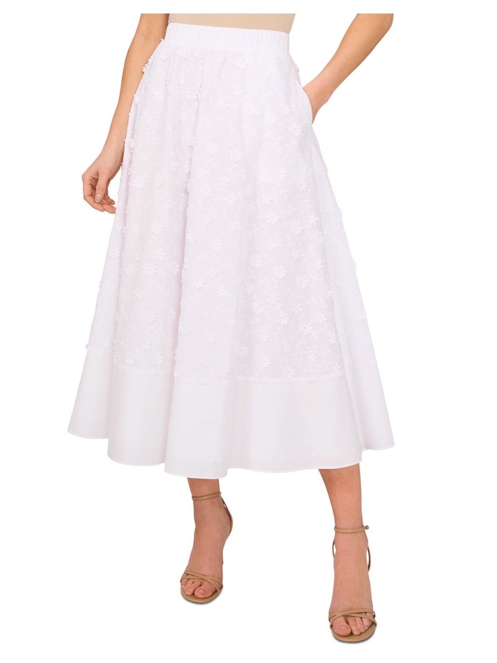CeCe White 3D Floral Cotton Pull-On Midi Skirt | Size XS
